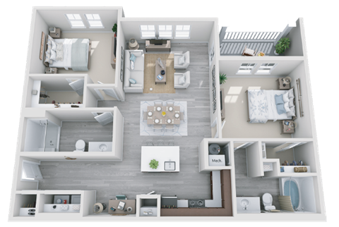 Floor plan for 2 beds, 2 baths, 1213 sqft